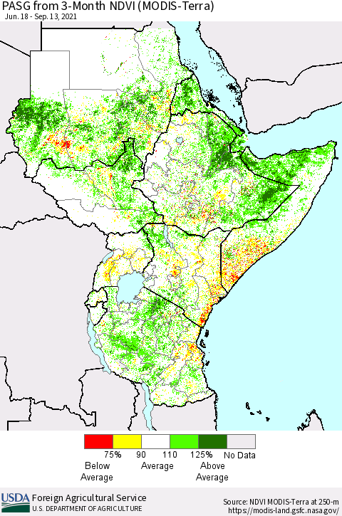 Eastern Africa PASG from 3-Month NDVI (Terra-MODIS) Thematic Map For 9/11/2021 - 9/20/2021