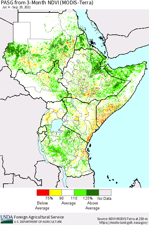 Eastern Africa PASG from 3-Month NDVI (Terra-MODIS) Thematic Map For 9/21/2021 - 9/30/2021