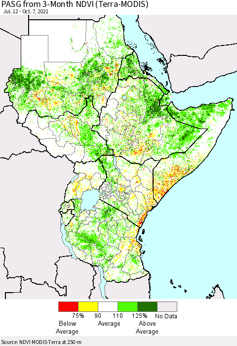 Eastern Africa PASG from 3-Month NDVI (Terra-MODIS) Thematic Map For 9/30/2021 - 10/7/2021