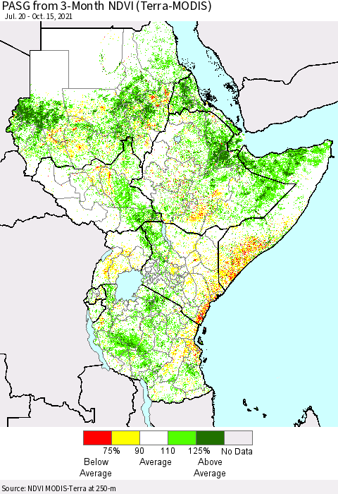 Eastern Africa PASG from 3-Month NDVI (Terra-MODIS) Thematic Map For 10/8/2021 - 10/15/2021