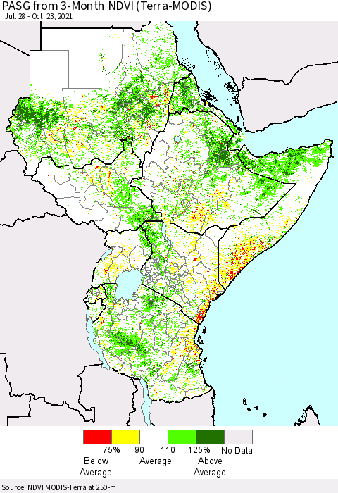 Eastern Africa PASG from 3-Month NDVI (Terra-MODIS) Thematic Map For 10/16/2021 - 10/23/2021