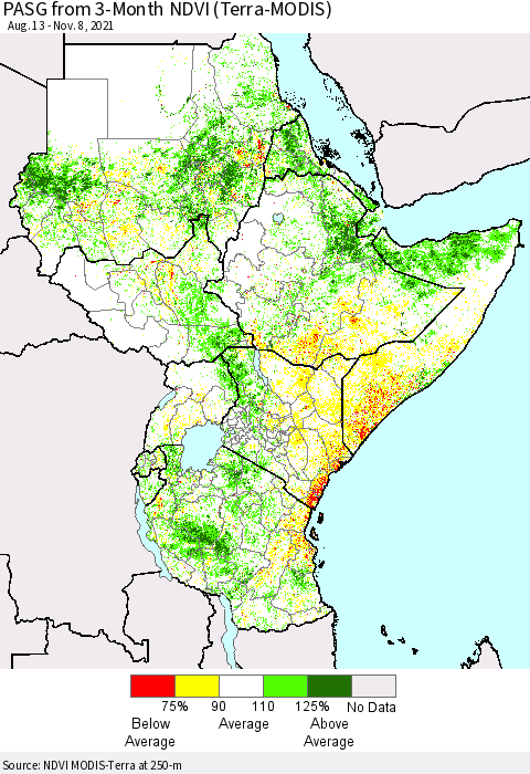 Eastern Africa PASG from 3-Month NDVI (Terra-MODIS) Thematic Map For 11/1/2021 - 11/8/2021