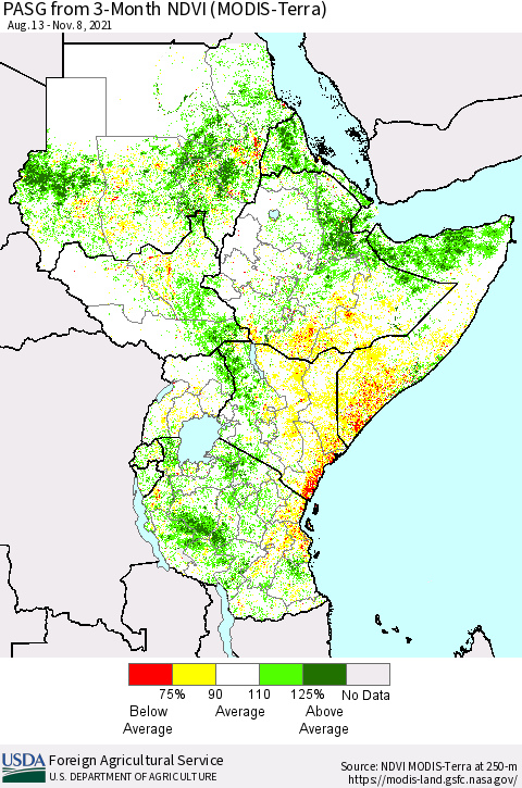 Eastern Africa PASG from 3-Month NDVI (Terra-MODIS) Thematic Map For 11/1/2021 - 11/10/2021