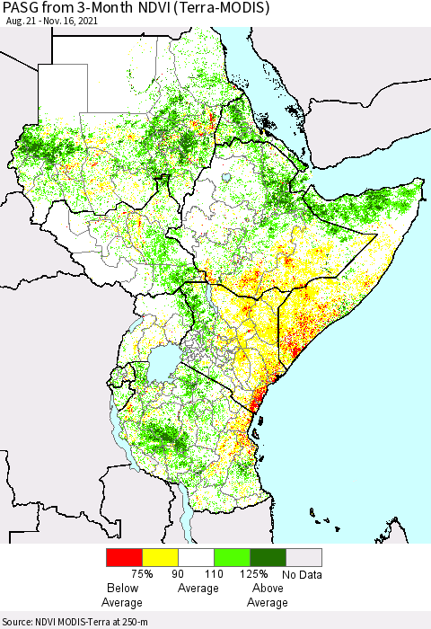 Eastern Africa PASG from 3-Month NDVI (Terra-MODIS) Thematic Map For 11/9/2021 - 11/16/2021