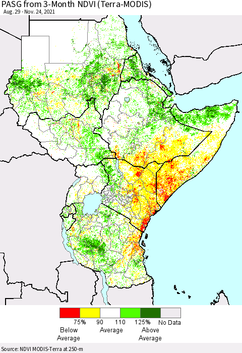 Eastern Africa PASG from 3-Month NDVI (Terra-MODIS) Thematic Map For 11/17/2021 - 11/24/2021