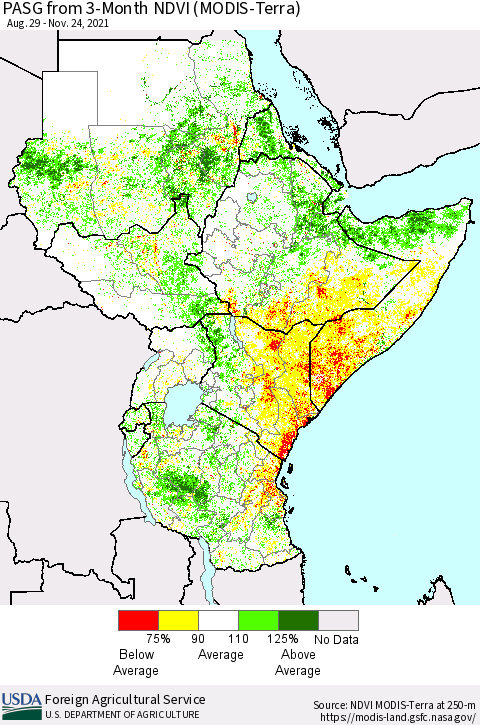 Eastern Africa PASG from 3-Month NDVI (MODIS-Terra) Thematic Map For 11/21/2021 - 11/30/2021