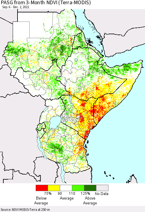 Eastern Africa PASG from 3-Month NDVI (Terra-MODIS) Thematic Map For 11/25/2021 - 12/2/2021