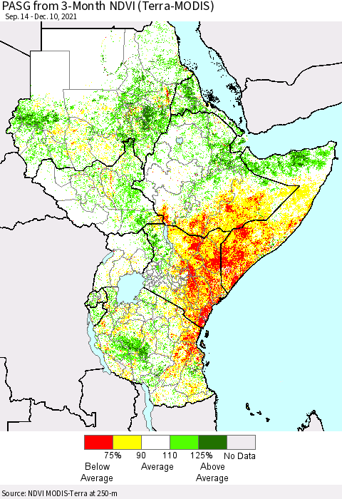 Eastern Africa PASG from 3-Month NDVI (Terra-MODIS) Thematic Map For 12/1/2021 - 12/10/2021