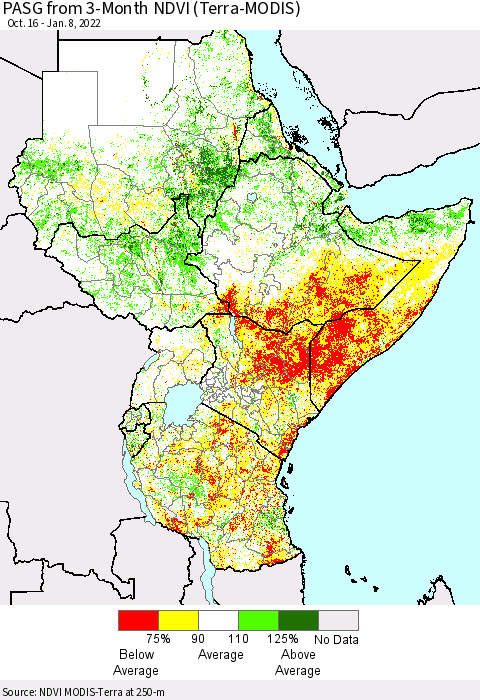 Eastern Africa PASG from 3-Month NDVI (Terra-MODIS) Thematic Map For 1/1/2022 - 1/8/2022