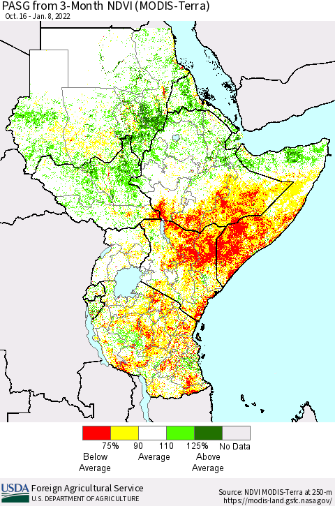 Eastern Africa PASG from 3-Month NDVI (MODIS-Terra) Thematic Map For 1/1/2022 - 1/10/2022