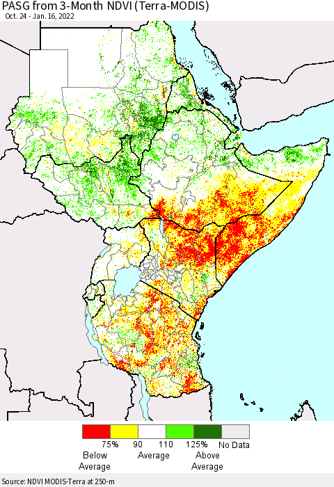 Eastern Africa PASG from 3-Month NDVI (Terra-MODIS) Thematic Map For 1/9/2022 - 1/16/2022