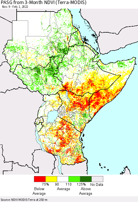 Eastern Africa PASG from 3-Month NDVI (Terra-MODIS) Thematic Map For 1/25/2022 - 2/1/2022