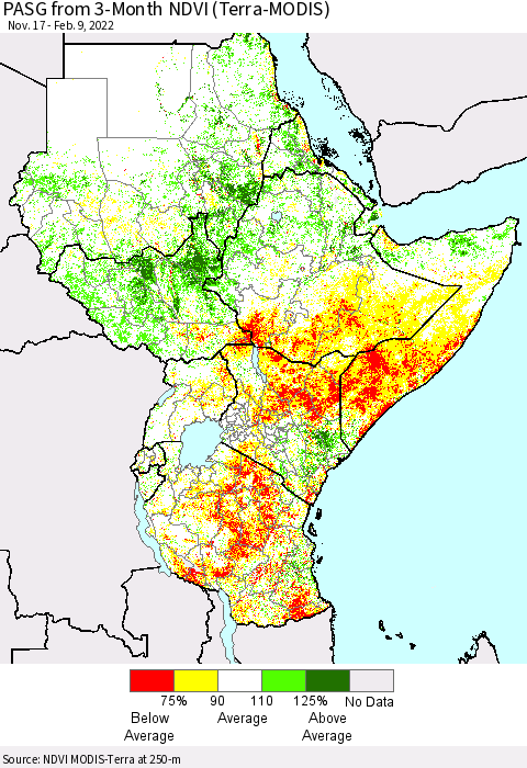 Eastern Africa PASG from 3-Month NDVI (Terra-MODIS) Thematic Map For 2/2/2022 - 2/9/2022
