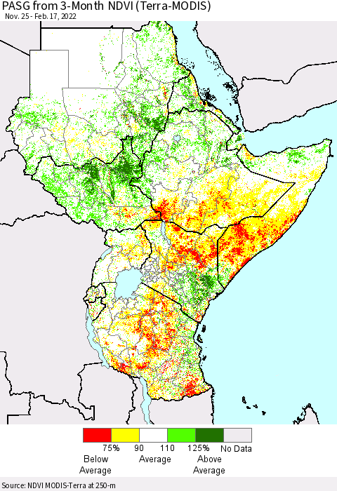 Eastern Africa PASG from 3-Month NDVI (Terra-MODIS) Thematic Map For 2/10/2022 - 2/17/2022