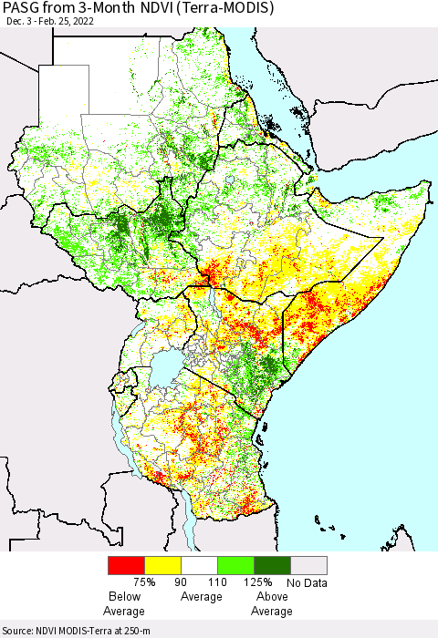 Eastern Africa PASG from 3-Month NDVI (Terra-MODIS) Thematic Map For 2/18/2022 - 2/25/2022