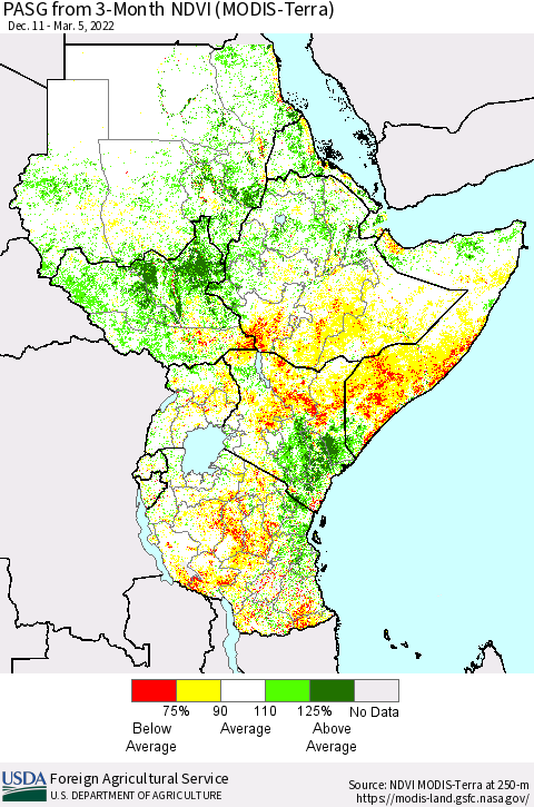 Eastern Africa PASG from 3-Month NDVI (Terra-MODIS) Thematic Map For 3/1/2022 - 3/10/2022