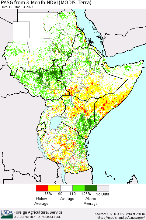 Eastern Africa PASG from 3-Month NDVI (Terra-MODIS) Thematic Map For 3/11/2022 - 3/20/2022