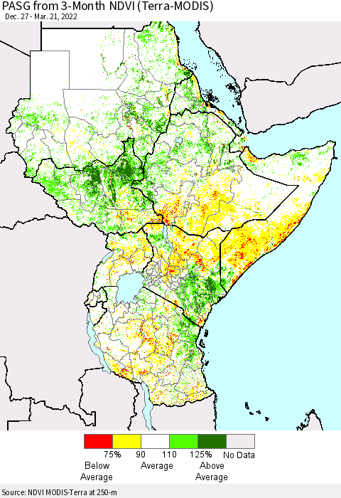 Eastern Africa PASG from 3-Month NDVI (Terra-MODIS) Thematic Map For 3/14/2022 - 3/21/2022