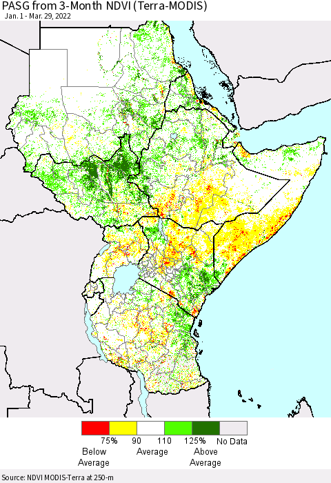 Eastern Africa PASG from 3-Month NDVI (Terra-MODIS) Thematic Map For 3/22/2022 - 3/29/2022
