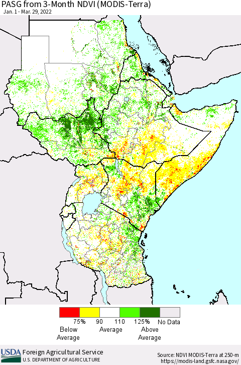 Eastern Africa PASG from 3-Month NDVI (Terra-MODIS) Thematic Map For 3/21/2022 - 3/31/2022