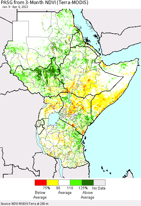 Eastern Africa PASG from 3-Month NDVI (Terra-MODIS) Thematic Map For 3/30/2022 - 4/6/2022