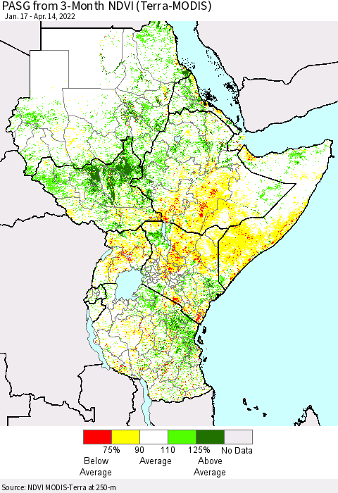 Eastern Africa PASG from 3-Month NDVI (Terra-MODIS) Thematic Map For 4/7/2022 - 4/14/2022