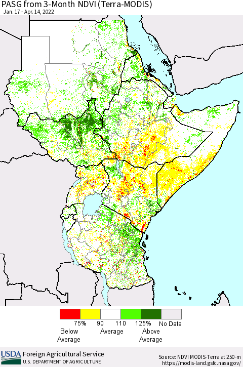 Eastern Africa PASG from 3-Month NDVI (Terra-MODIS) Thematic Map For 4/11/2022 - 4/20/2022