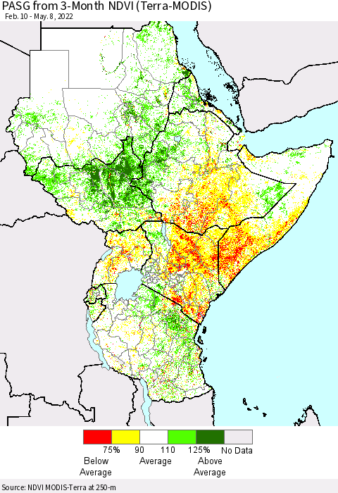 Eastern Africa PASG from 3-Month NDVI (Terra-MODIS) Thematic Map For 5/1/2022 - 5/8/2022