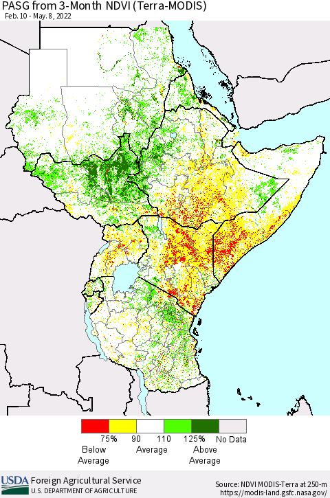 Eastern Africa PASG from 3-Month NDVI (Terra-MODIS) Thematic Map For 5/1/2022 - 5/10/2022