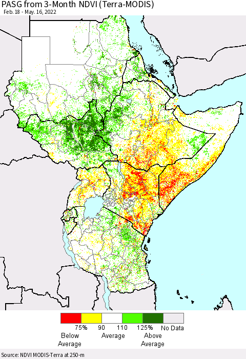 Eastern Africa PASG from 3-Month NDVI (Terra-MODIS) Thematic Map For 5/9/2022 - 5/16/2022