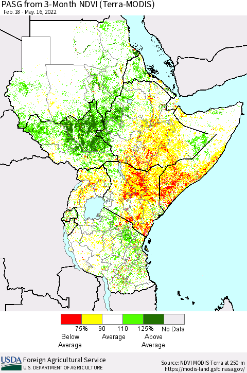 Eastern Africa PASG from 3-Month NDVI (Terra-MODIS) Thematic Map For 5/11/2022 - 5/20/2022