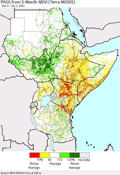 Eastern Africa PASG from 3-Month NDVI (Terra-MODIS) Thematic Map For 5/25/2022 - 6/1/2022