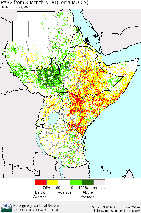 Eastern Africa PASG from 3-Month NDVI (Terra-MODIS) Thematic Map For 6/1/2022 - 6/10/2022