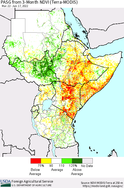 Eastern Africa PASG from 3-Month NDVI (Terra-MODIS) Thematic Map For 6/11/2022 - 6/20/2022