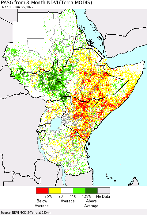 Eastern Africa PASG from 3-Month NDVI (Terra-MODIS) Thematic Map For 6/18/2022 - 6/25/2022