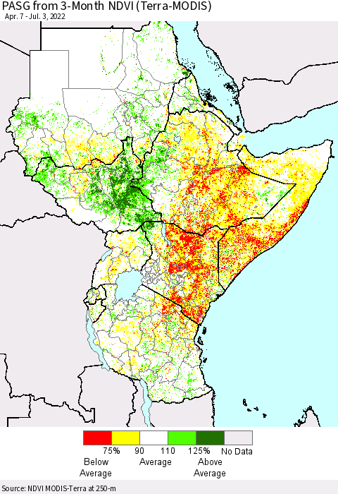 Eastern Africa PASG from 3-Month NDVI (Terra-MODIS) Thematic Map For 6/26/2022 - 7/3/2022