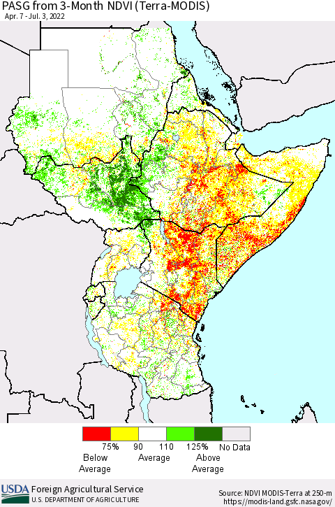 Eastern Africa PASG from 3-Month NDVI (Terra-MODIS) Thematic Map For 7/1/2022 - 7/10/2022