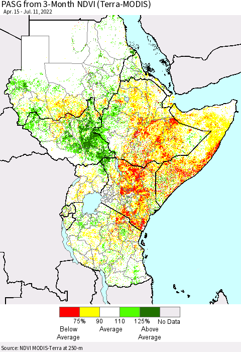 Eastern Africa PASG from 3-Month NDVI (Terra-MODIS) Thematic Map For 7/4/2022 - 7/11/2022
