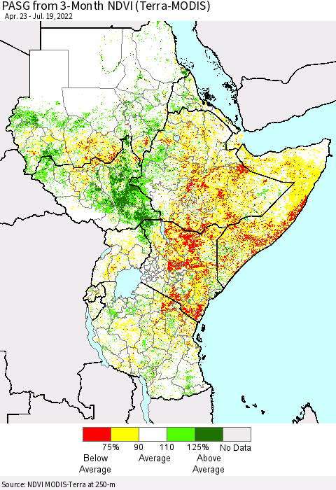 Eastern Africa PASG from 3-Month NDVI (Terra-MODIS) Thematic Map For 7/12/2022 - 7/19/2022