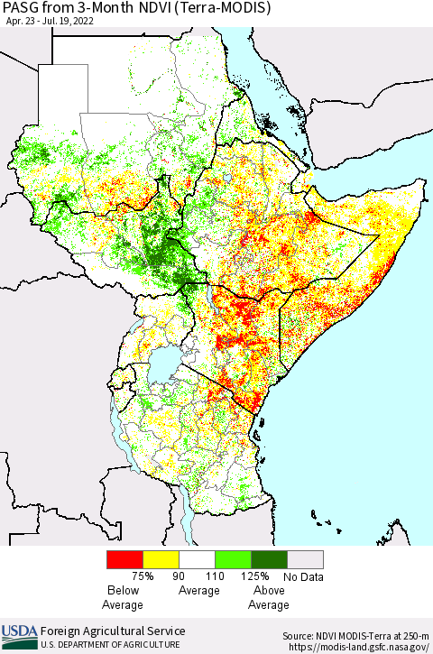 Eastern Africa PASG from 3-Month NDVI (Terra-MODIS) Thematic Map For 7/11/2022 - 7/20/2022