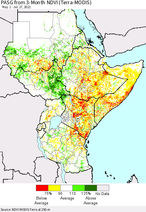 Eastern Africa PASG from 3-Month NDVI (Terra-MODIS) Thematic Map For 7/20/2022 - 7/27/2022