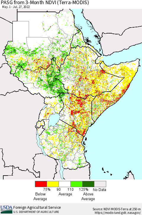 Eastern Africa PASG from 3-Month NDVI (Terra-MODIS) Thematic Map For 7/21/2022 - 7/31/2022