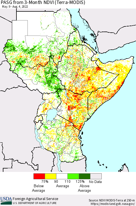 Eastern Africa PASG from 3-Month NDVI (Terra-MODIS) Thematic Map For 8/1/2022 - 8/10/2022
