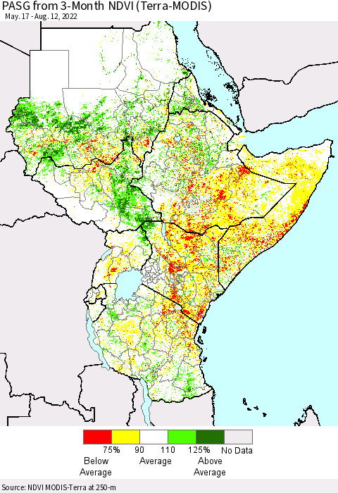 Eastern Africa PASG from 3-Month NDVI (Terra-MODIS) Thematic Map For 8/5/2022 - 8/12/2022