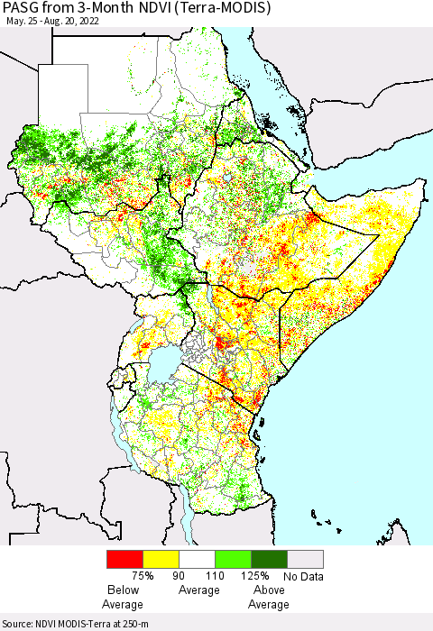 Eastern Africa PASG from 3-Month NDVI (Terra-MODIS) Thematic Map For 8/13/2022 - 8/20/2022