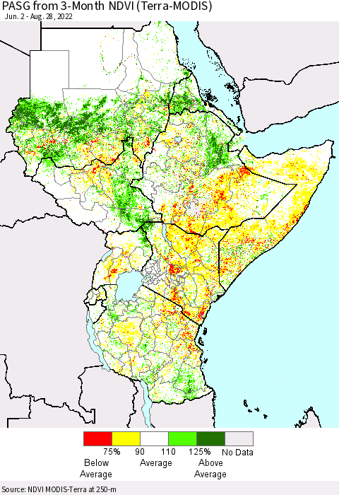 Eastern Africa PASG from 3-Month NDVI (Terra-MODIS) Thematic Map For 8/21/2022 - 8/28/2022