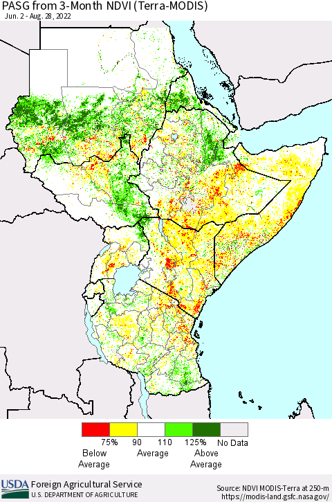Eastern Africa PASG from 3-Month NDVI (Terra-MODIS) Thematic Map For 8/21/2022 - 8/31/2022