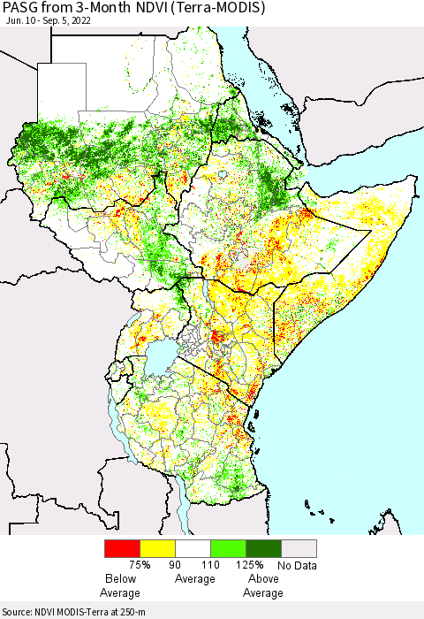 Eastern Africa PASG from 3-Month NDVI (Terra-MODIS) Thematic Map For 8/29/2022 - 9/5/2022