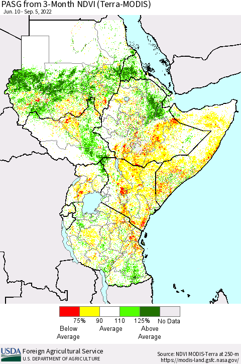 Eastern Africa PASG from 3-Month NDVI (Terra-MODIS) Thematic Map For 9/1/2022 - 9/10/2022