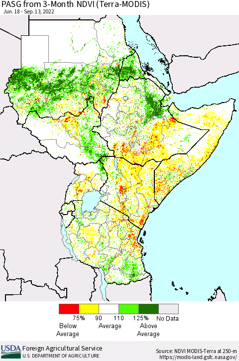 Eastern Africa PASG from 3-Month NDVI (Terra-MODIS) Thematic Map For 9/11/2022 - 9/20/2022